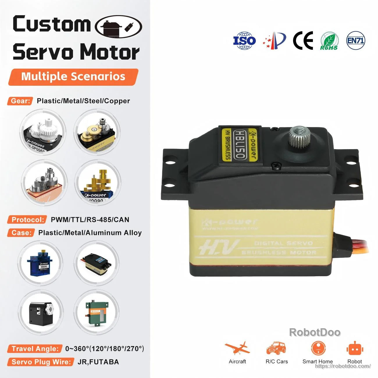 Kpower HBL150 brushless servo motor in aluminum-alloy case with 25T output spline, front view