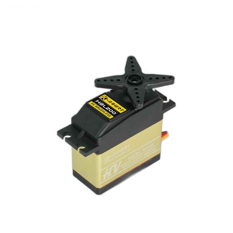 Angled view of Kpower HBL200 HV brushless servo with installed 4-arm servo horn and lead wire