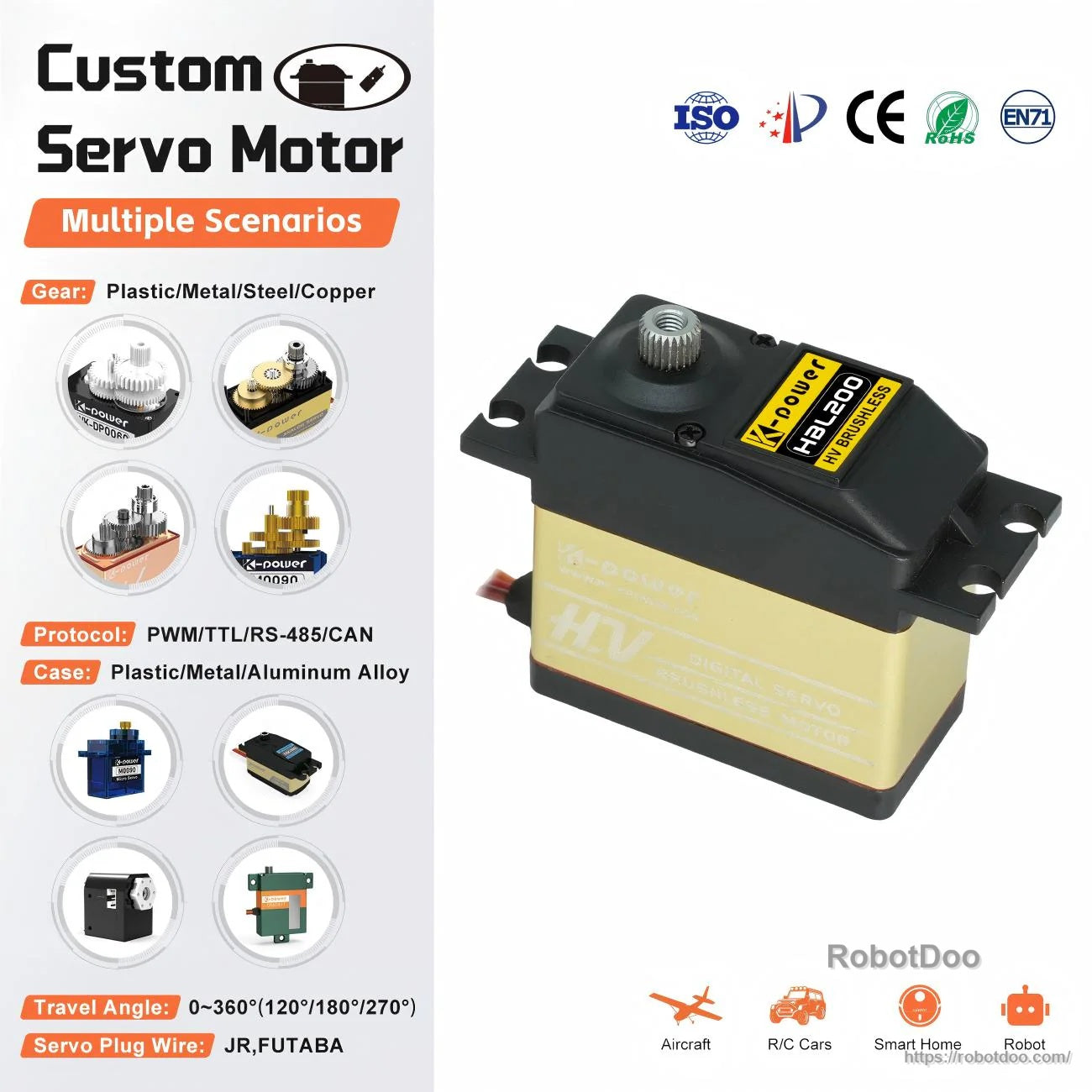 Kpower HBL200 HV brushless metal gear servo motor with 25T spline, PWM/TTL/RS-485 control
