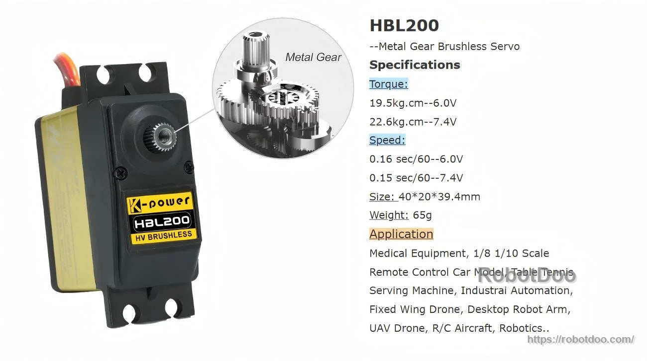Kpower HBL200 servo specifications graphic with torque at 6.0 V and 7.4 V plus metal gear callout