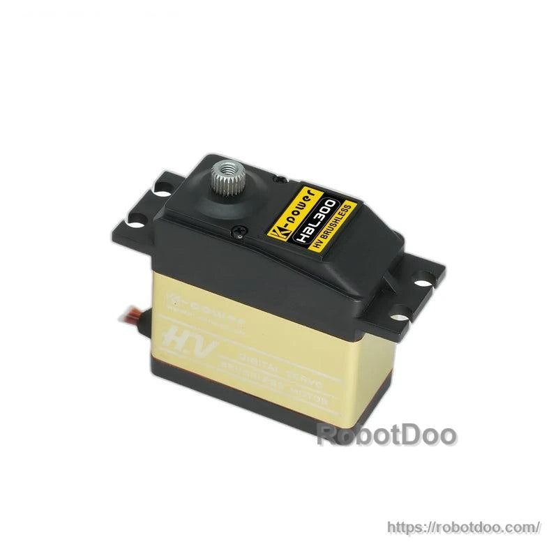 Three-quarter view of HV digital servo showing Kpower HBL300 model label and gold aluminum case
