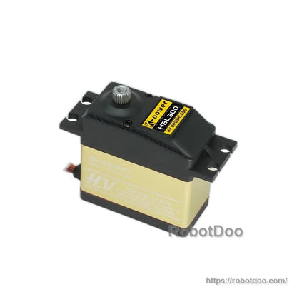 Three-quarter view of HV digital servo showing Kpower HBL300 model label and gold aluminum case