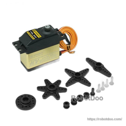 Kpower HBL300 brushless servo package contents: servo, lead wire, horns, screws, and bushings