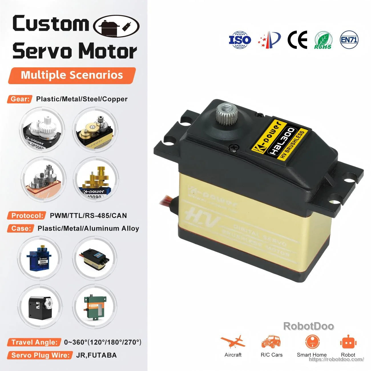 Kpower HBL300 brushless metal gear servo motor with aluminum mid case and multi-protocol control options