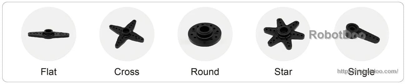 Servo horn styles set: flat, cross, round, star, and single-arm options for different mounting patterns