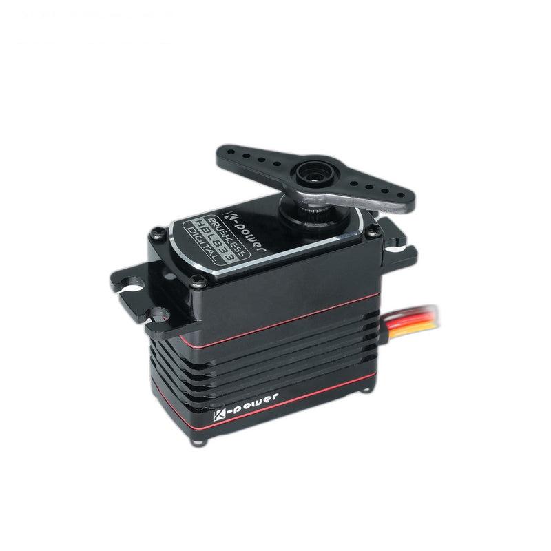 Kpower HBL833 brushless servo motor with servo horn installed, angled view