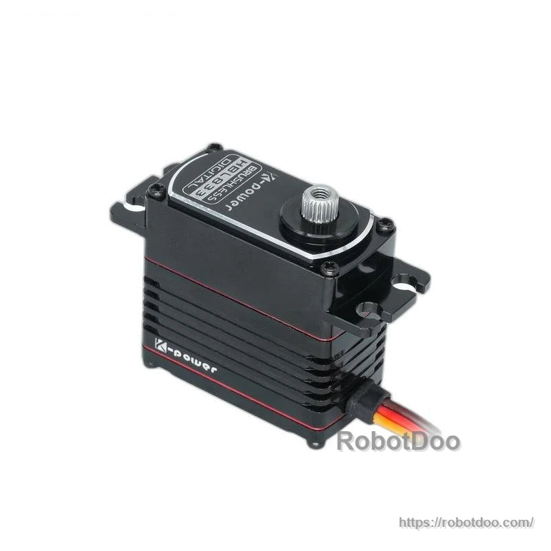 Top and side view of Kpower HBL833 servo motor showing case label and 3-wire lead exit