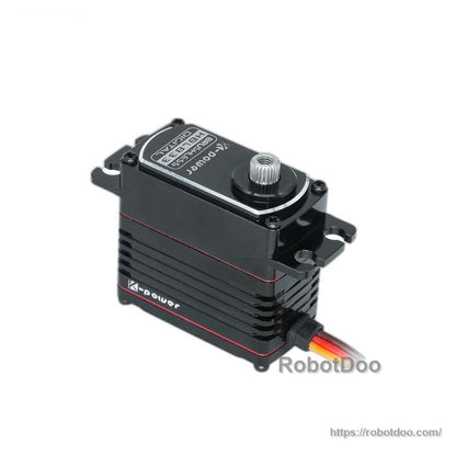 Top and side view of Kpower HBL833 servo motor showing case label and 3-wire lead exit