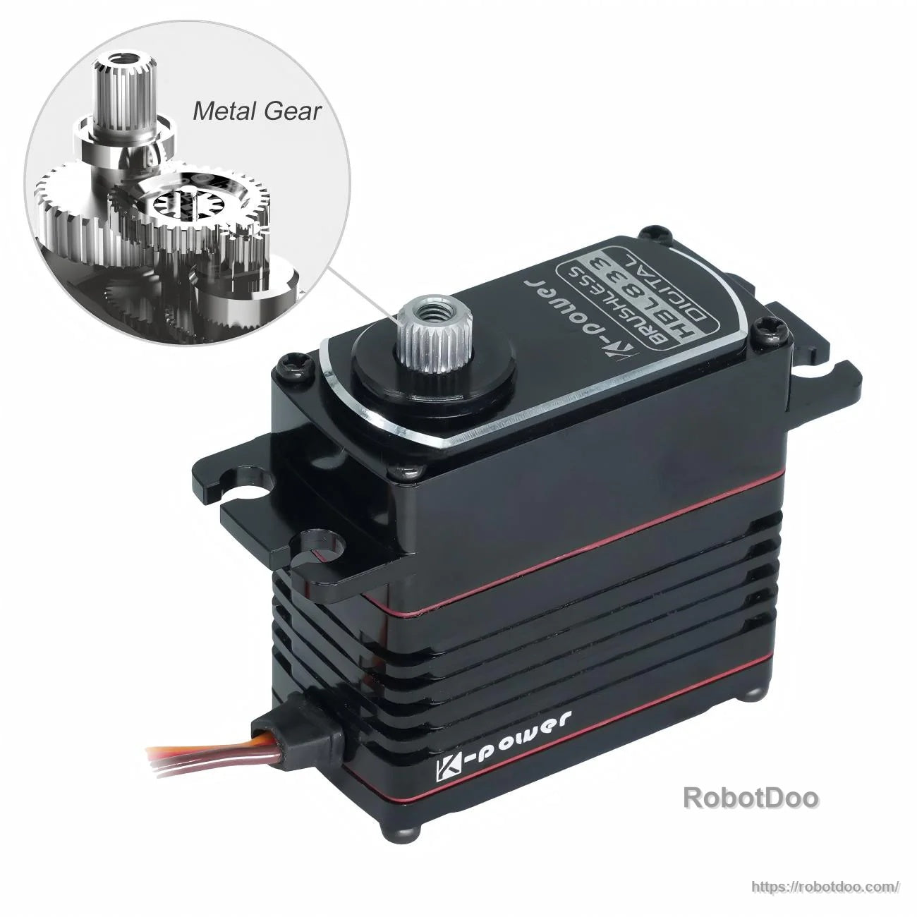 Kpower HBL833 servo motor with callout highlighting internal metal gear set near the output shaft