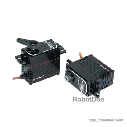 Two-angle view of Kpower servo motors showing side housing fins, horn installed, and cable exit