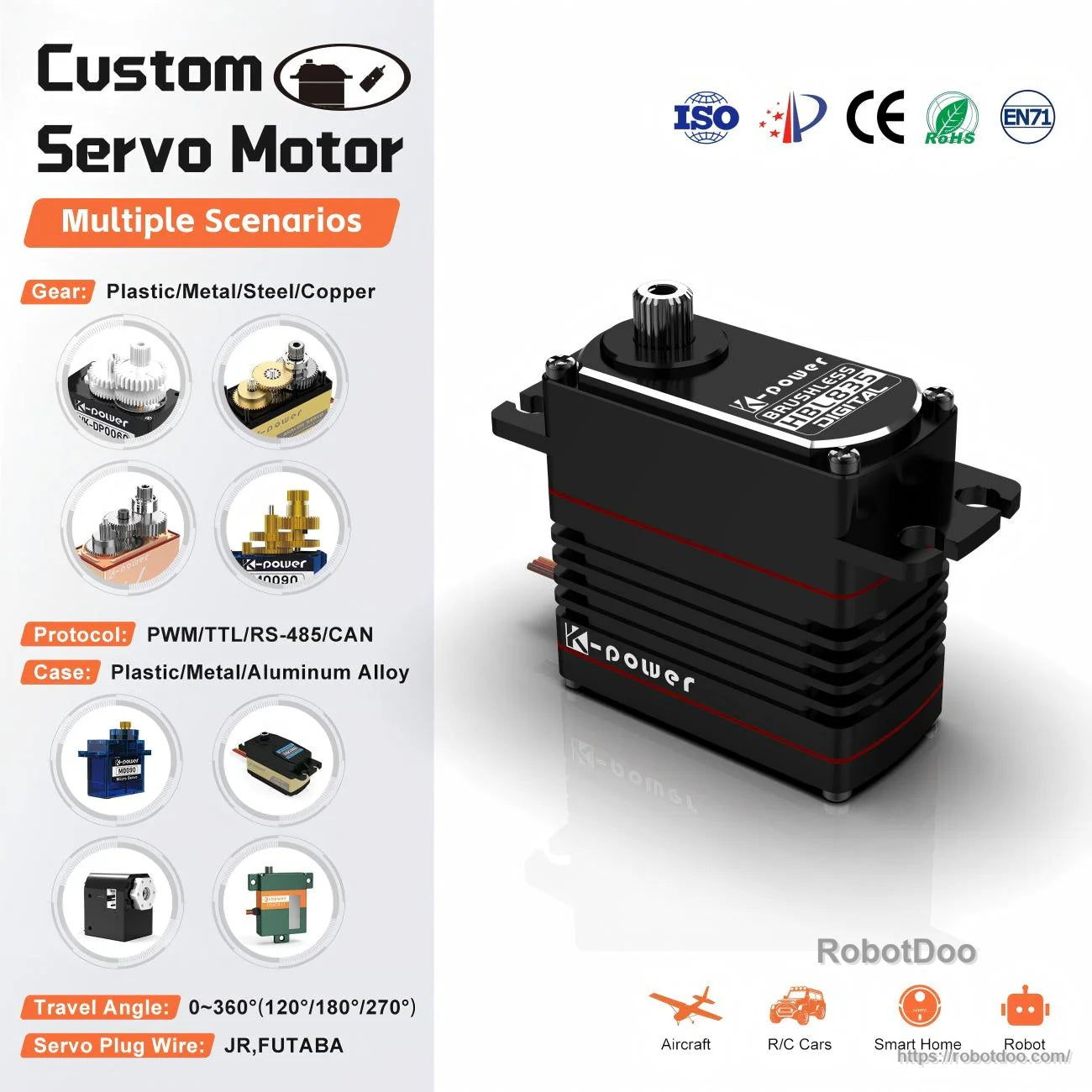 Kpower HBL835 servo motor with metal output spline and compact aluminum case, multi-protocol control listed