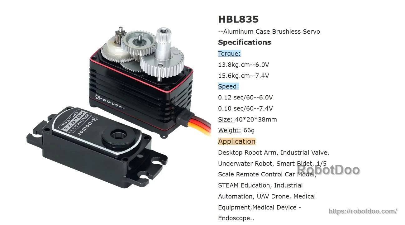 Kpower HBL835 Servo Motor specs graphic with exposed gear train, torque and speed at 6.0 V and 7.4 V
