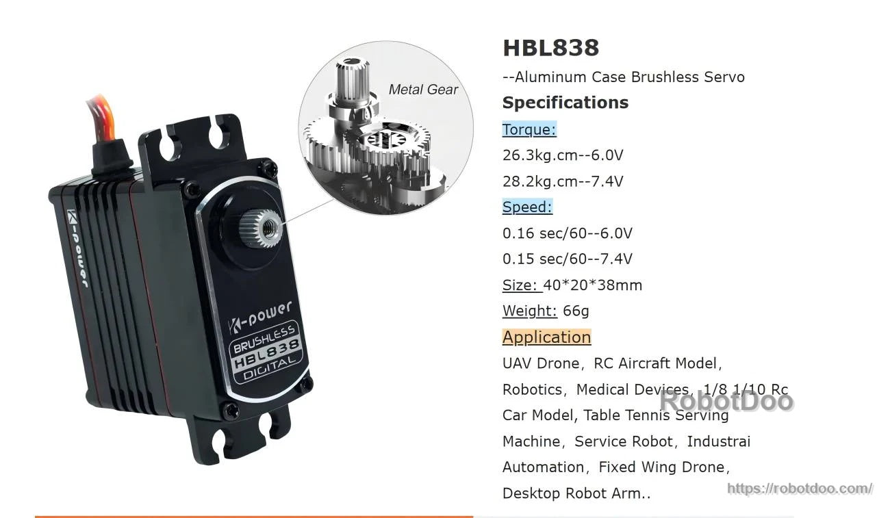 Kpower HBL838 servo motor specifications artwork with torque, speed, size, weight, and application list