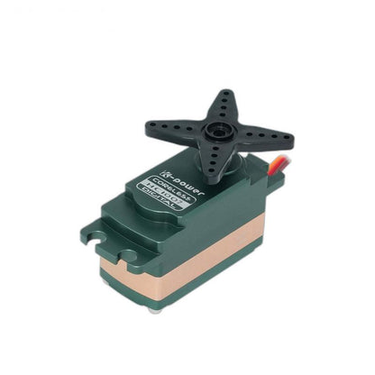 Kpower HC1007 low-profile coreless digital servo motor with servo horn installed, top label view