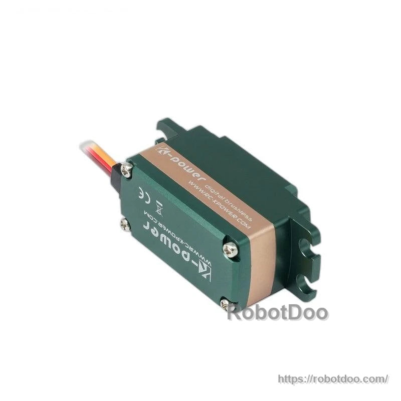 Bottom and side view of Kpower HC1007 servo motor showing case screws, certification icons, and cable outlet