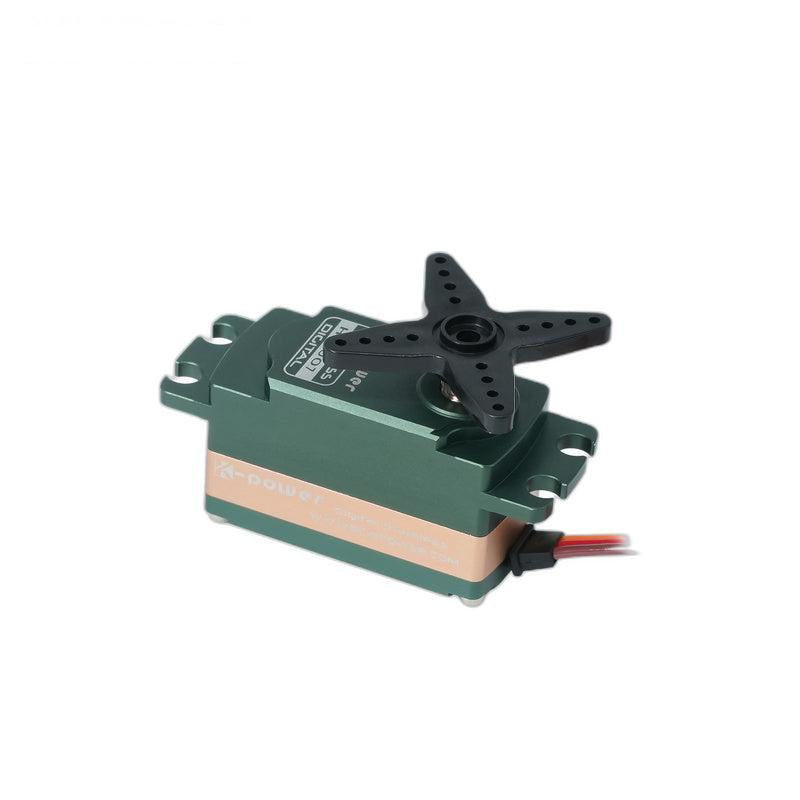 Side angle view of Kpower low-profile servo motor showing mounting tabs, metal case band, and lead wire