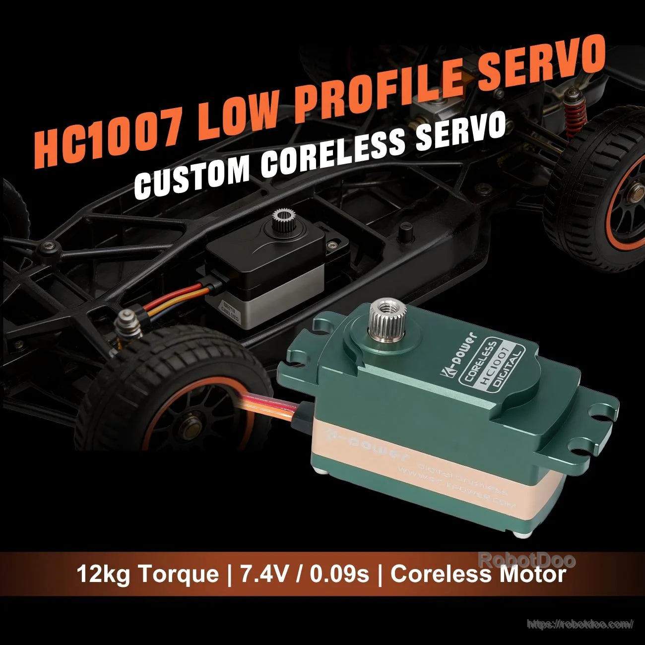 Kpower HC1007 low-profile coreless digital servo motor installed in an RC car chassis, 12kg torque