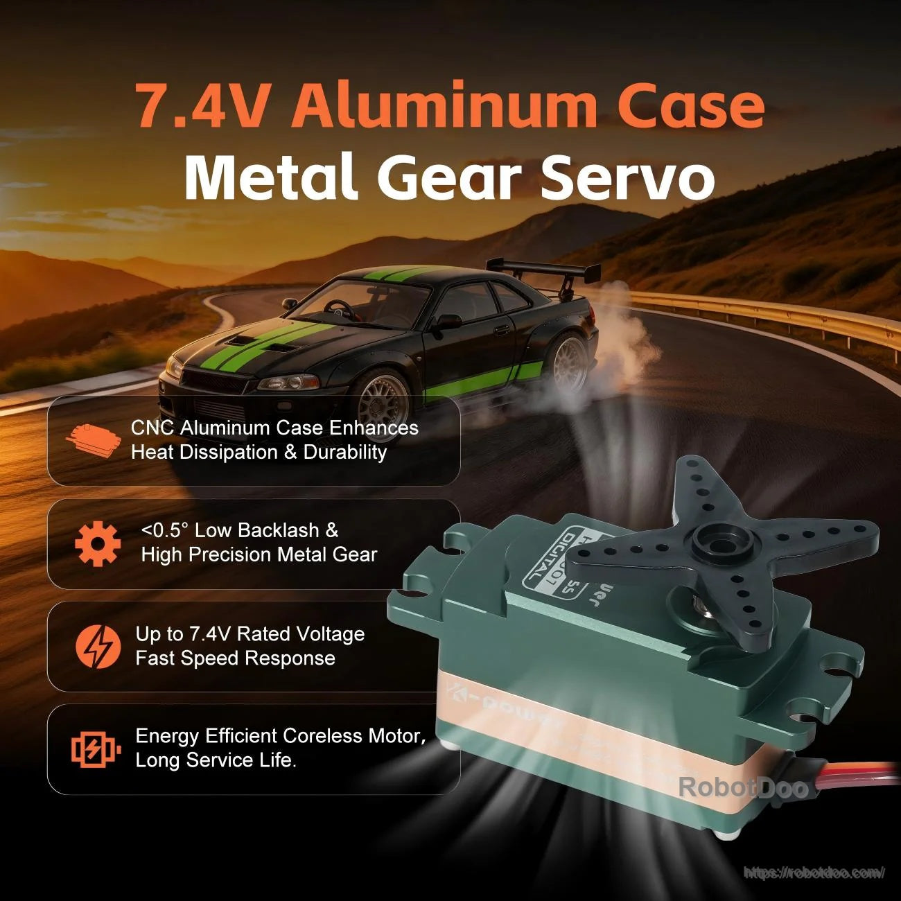 HC1007 7.4V aluminum case metal gear servo with CNC housing and coreless motor highlights