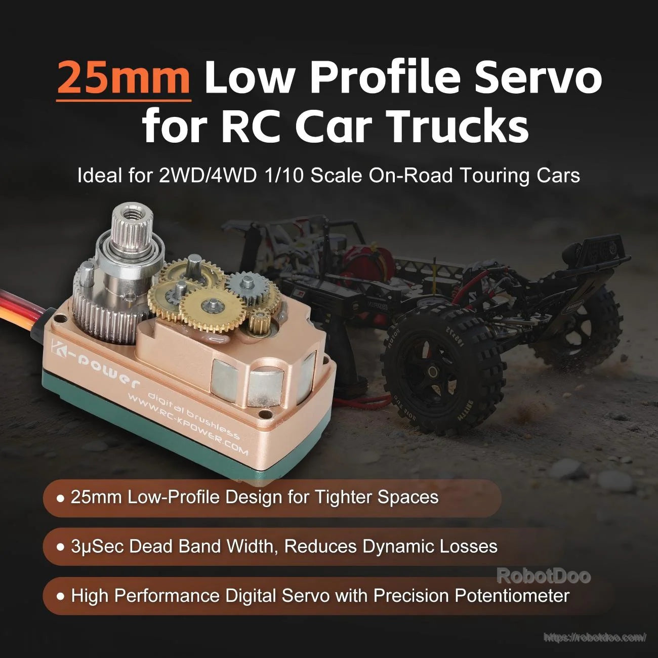 Internal view of low-profile 25mm servo with metal gears and potentiometer position sensor for RC trucks