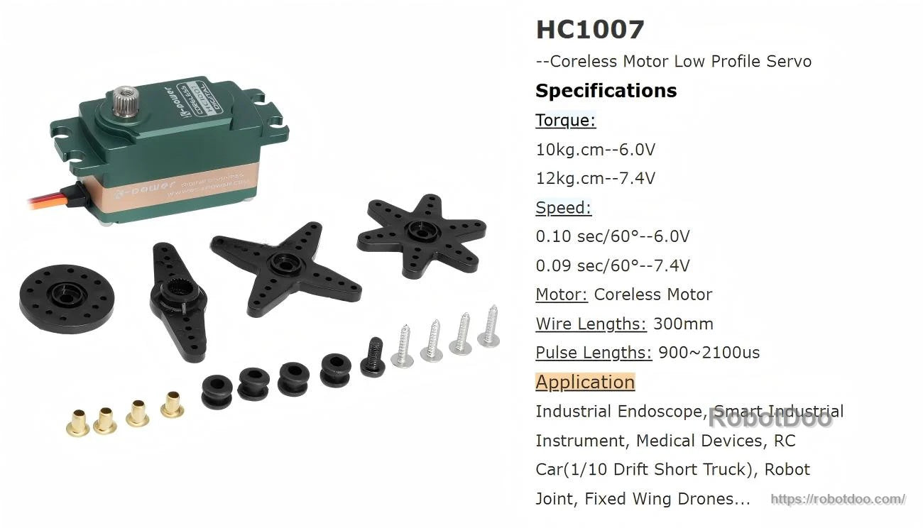 HC1007 kit layout with servo, multiple horn styles, mounting screws, and a summary of torque and speed