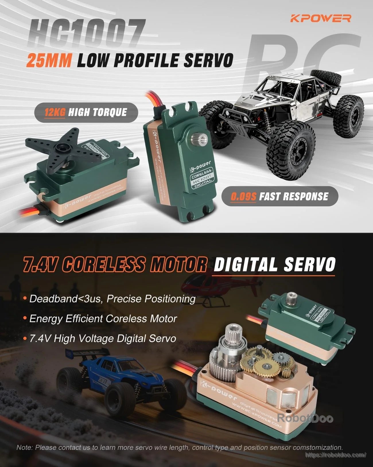 Kpower HC1007 25mm low-profile digital servo marketing panel noting 7.4V coreless motor and fast response