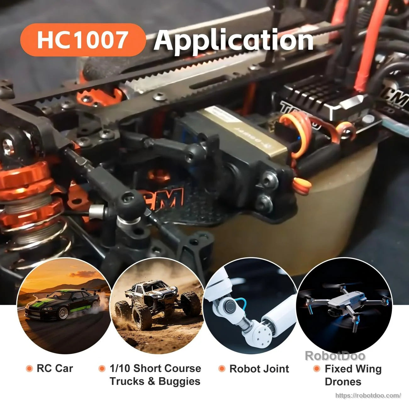 HC1007 servo mounted in an RC vehicle with application icons for RC cars, buggies, robot joints, and drones