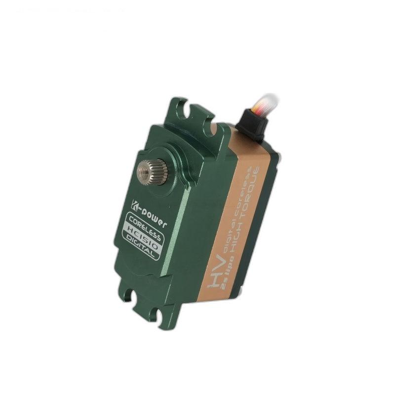Kpower HC1510 coreless digital servo motor, angled view with metal output spline and wire lead