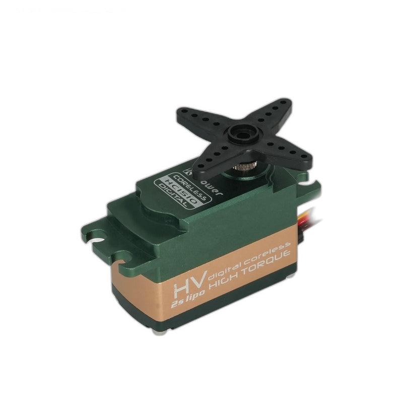 Top view servo with black cross horn installed on output spline, green and bronze case