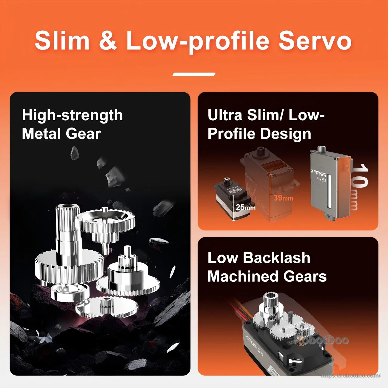 Slim low-profile servo highlights: high-strength metal gears, ultra-slim body, and low-backlash machined gear train