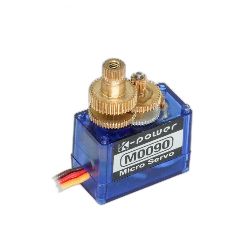 Kpower M0090 micro servo motor with transparent blue case and exposed metal gear train