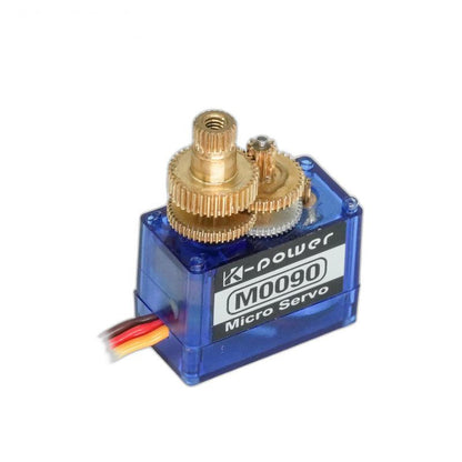 Kpower M0090 micro servo motor with transparent blue case and exposed metal gear train