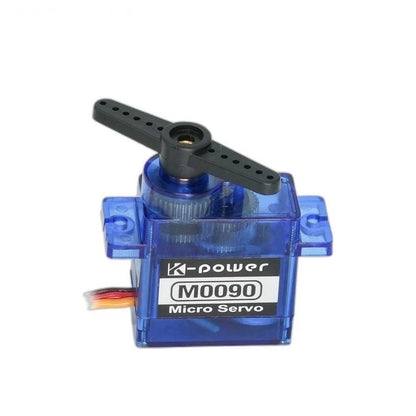 Kpower M0090 micro servo motor front view with black servo horn installed and 3-wire lead