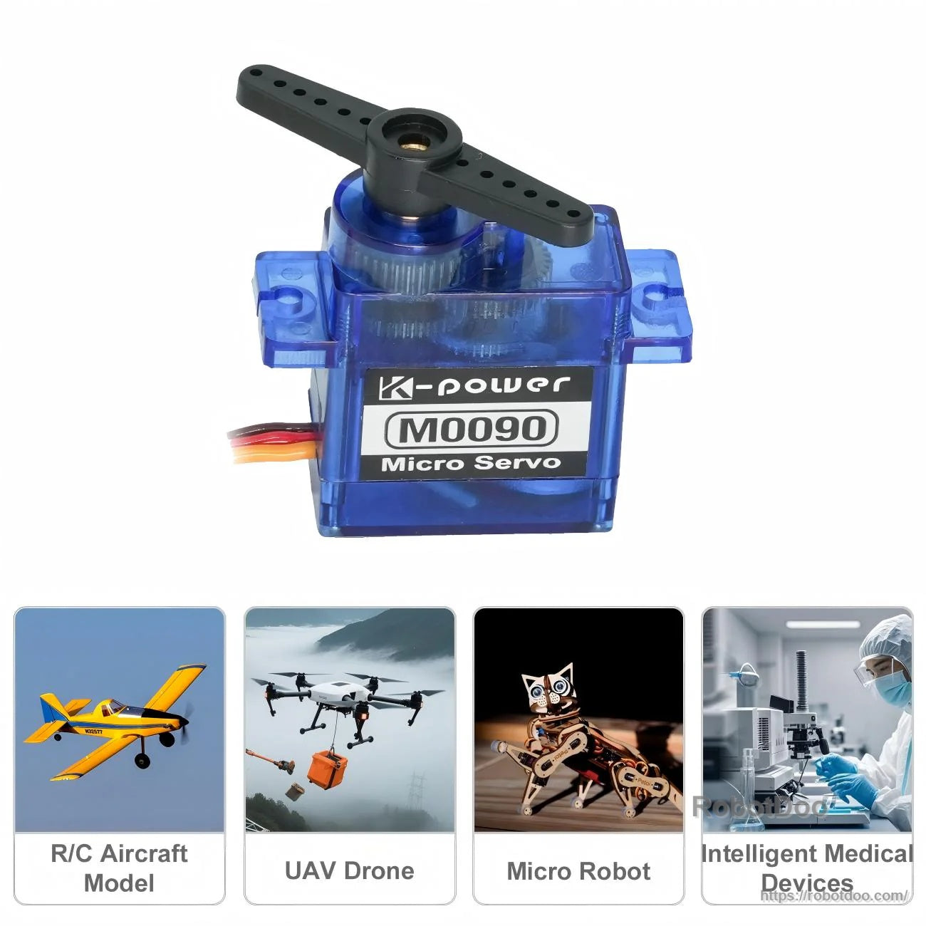 Kpower M0090 Micro Servo Motor with servo horn installed, compact blue case and 3‑wire lead