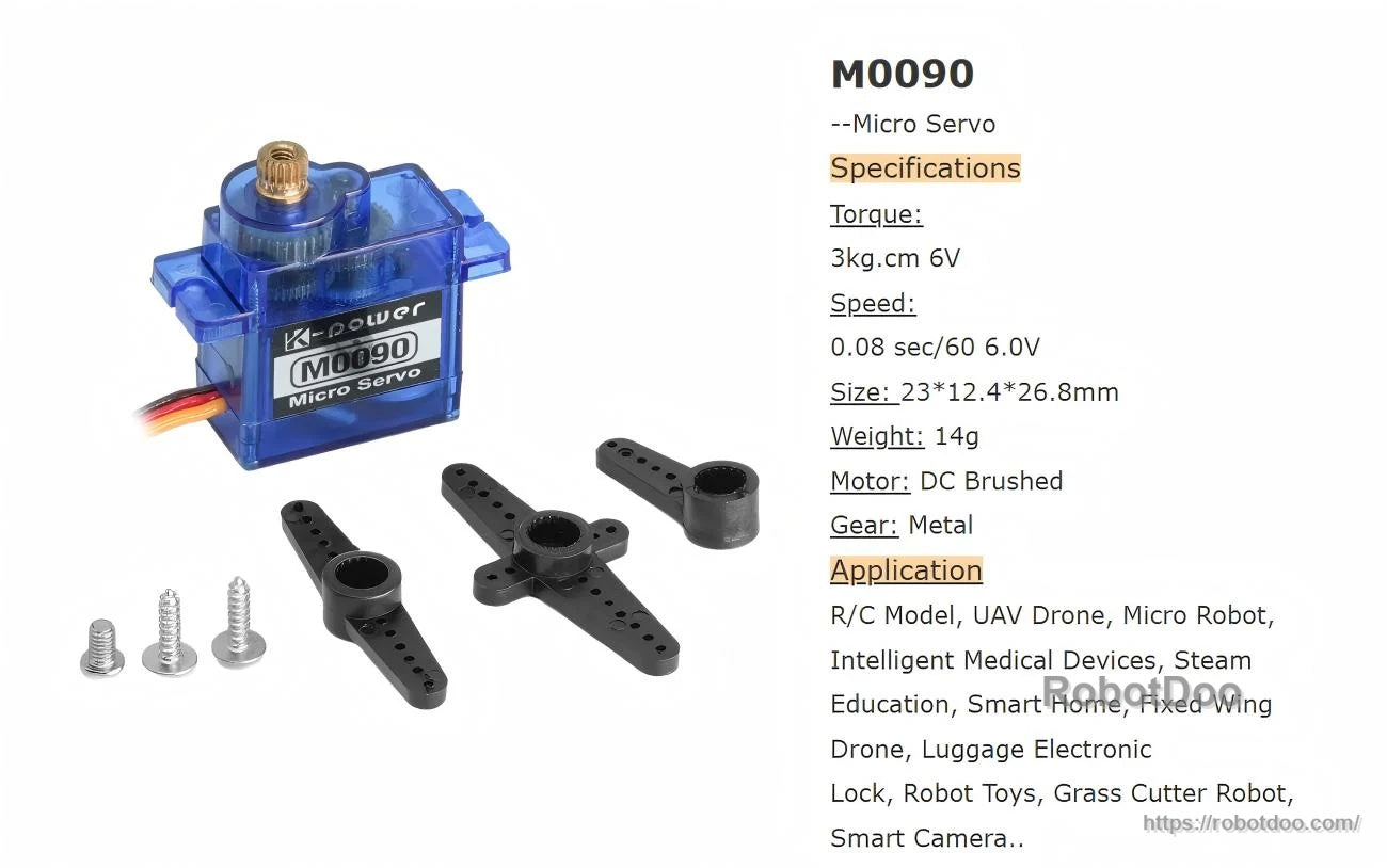 Kpower M0090 micro servo kit with included horns and screws, plus listed torque, speed, size and weight