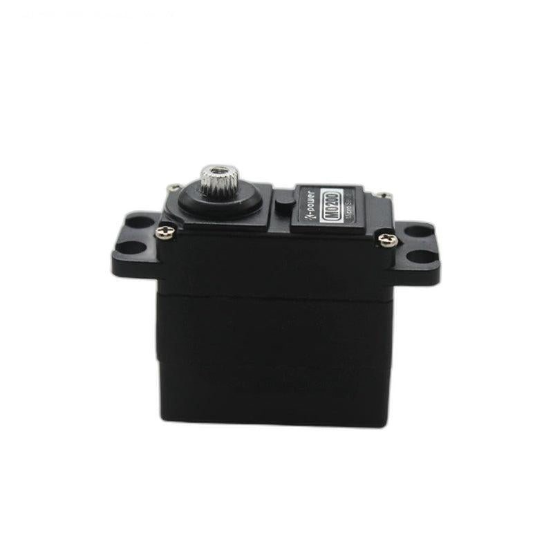 Side profile of black micro servo showing mounting tabs and metal output spline