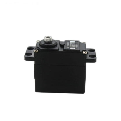 Side profile of black micro servo showing mounting tabs and metal output spline