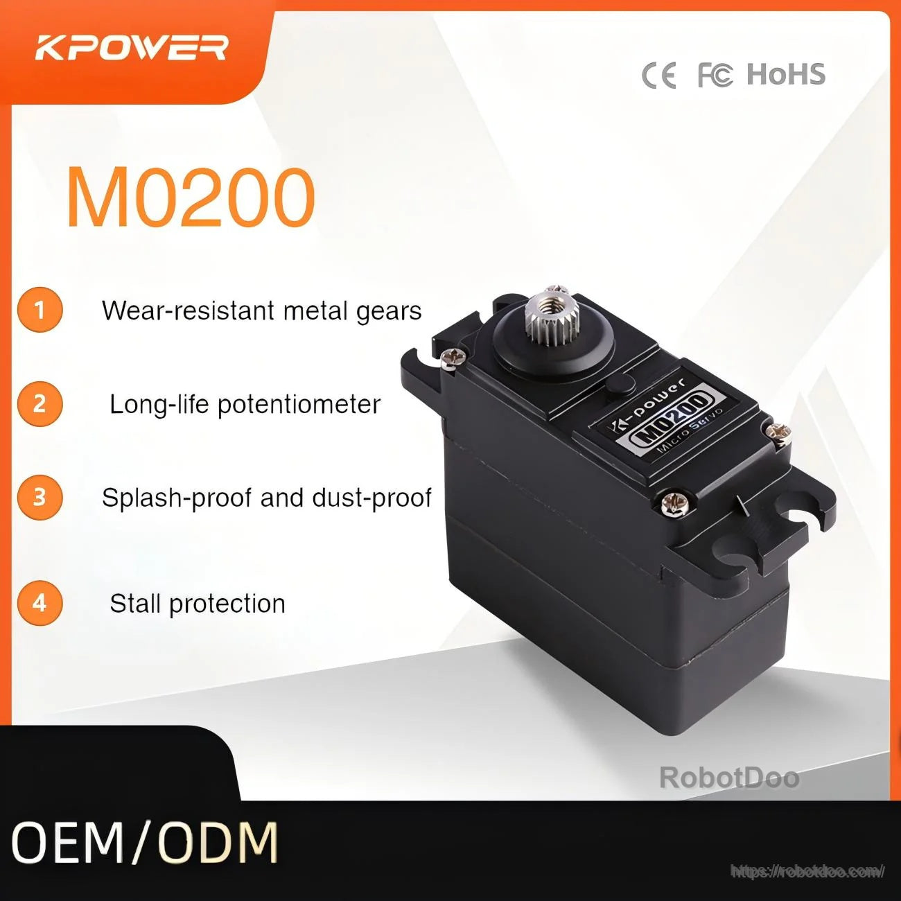 Kpower M0200 servo motor with metal gear output shaft, stall protection, and splash- and dust-resistant design