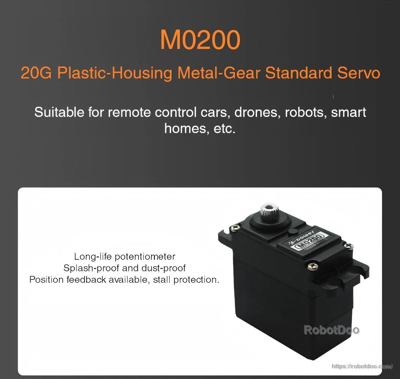 Kpower M0200 standard servo in plastic housing with feature callouts for position feedback and protection functions