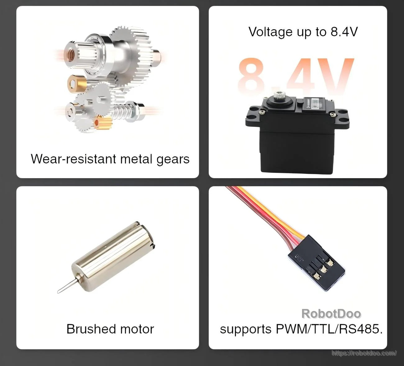 Feature tiles for servo components: metal gears, up to 8.4V supply, DC brushed motor, and PWM/TTL/RS-485 support