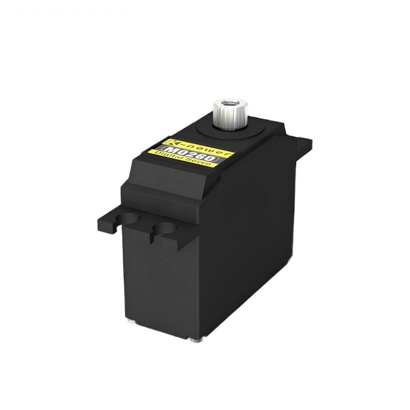 Kpower M0260 digital servo motor, angled view with metal output spline and top label