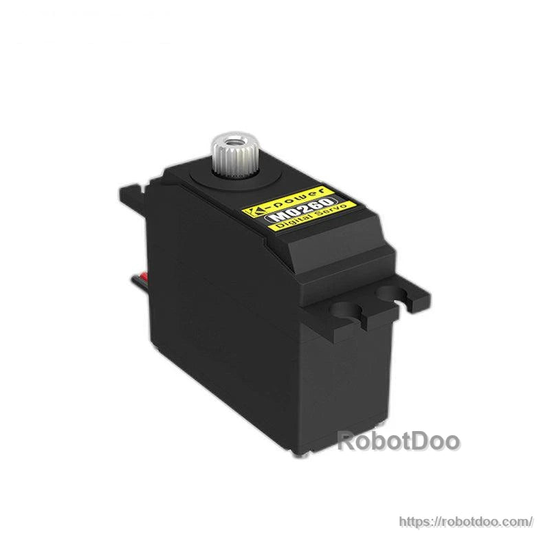 Kpower M0260 servo motor product photo with RobotDoo watermark, showing top label and mounting tabs