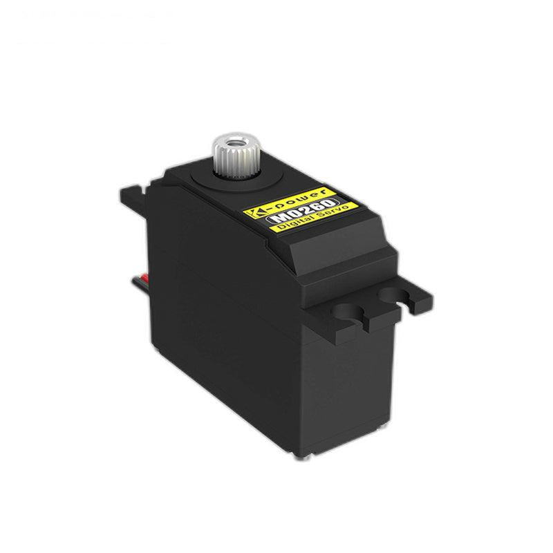 Angled side view of Kpower M0260 servo showing mounting tabs and power/signal lead wire