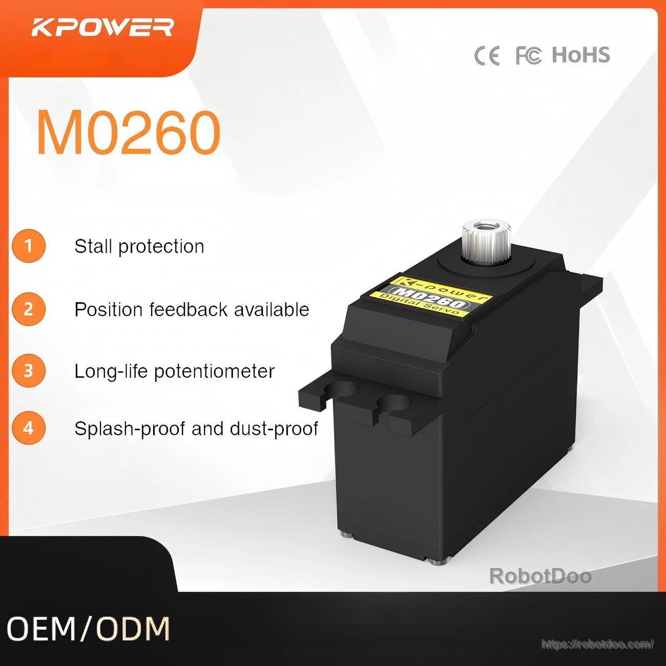 Kpower M0260 digital servo motor overview with stall protection, position feedback, and splash/dust-proof notes