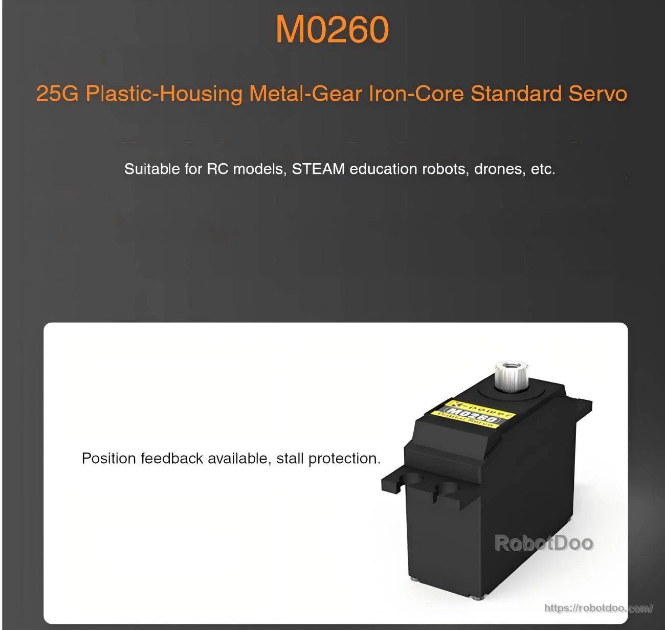 M0260 standard servo graphic highlighting 25G plastic housing, metal gear set, and RC/STEAM robot suitability