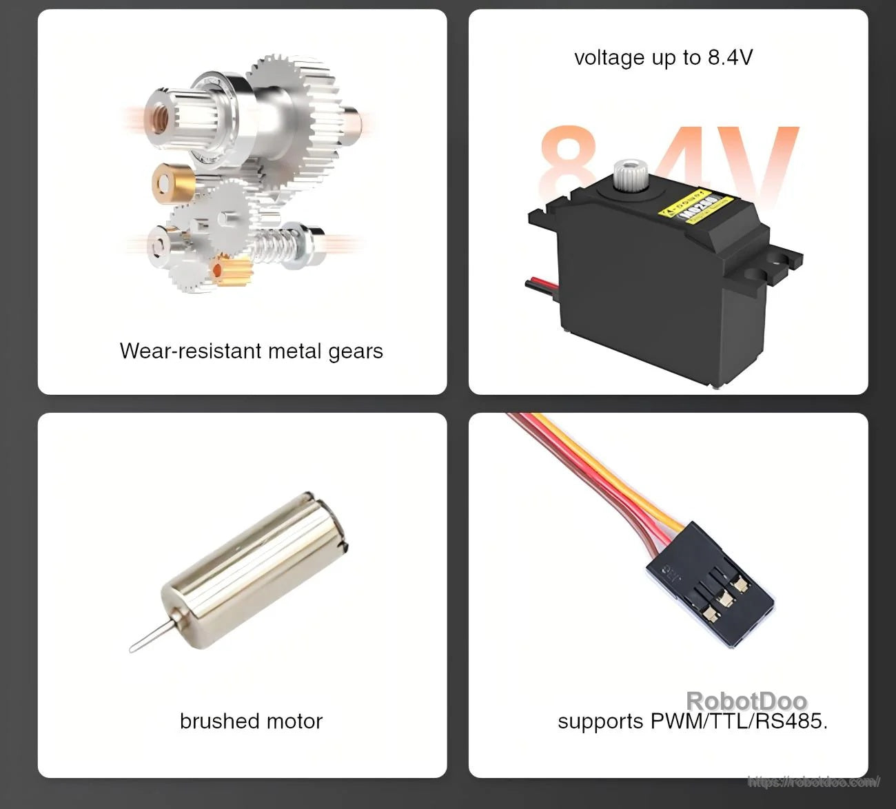 Feature panel: wear-resistant metal gears, brushed motor, up to 8.4V note, and PWM/TTL/RS485 support text