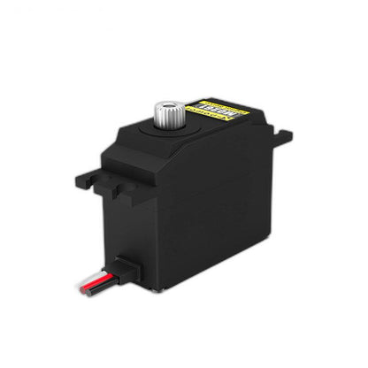 Kpower M0261 servo motor angled view with output spline and 3-wire lead on black case
