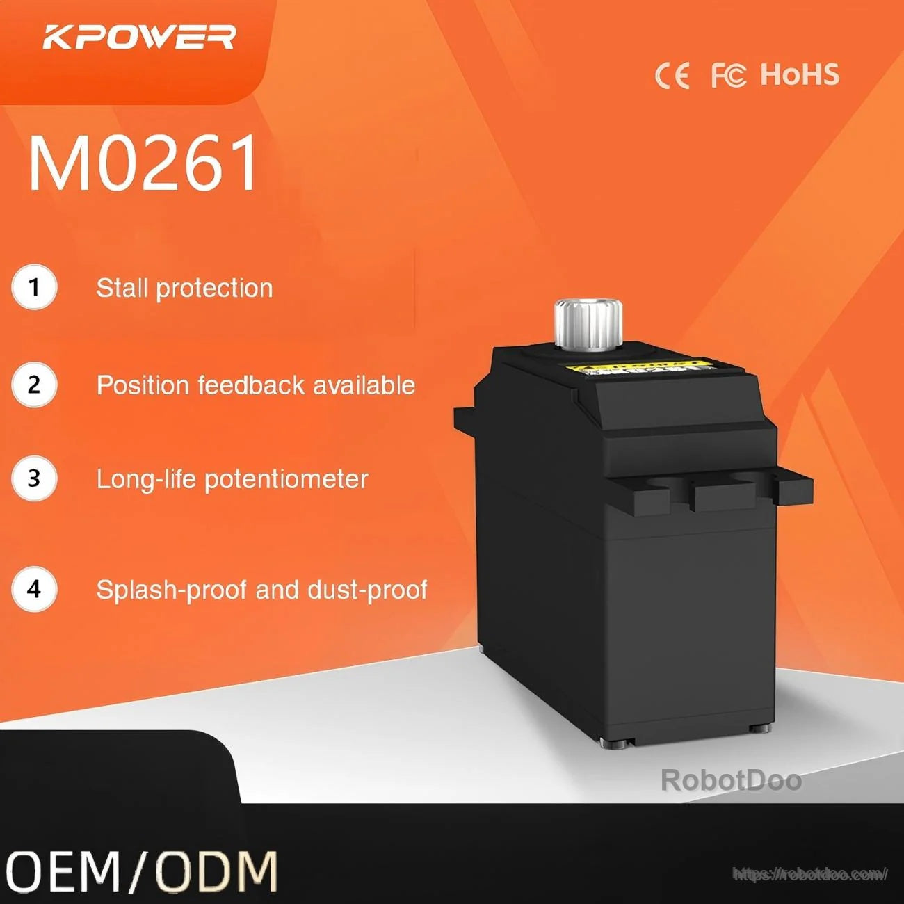 Kpower M0261 analog metal-gear micro/mini servo motor graphic highlighting stall protection and splash-proof design