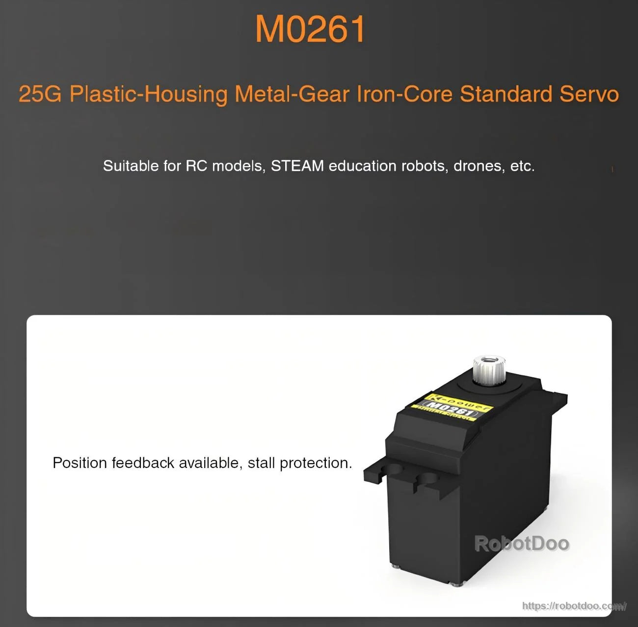Kpower M0261 plastic-housing metal-gear servo motor promo image for RC models and education robots