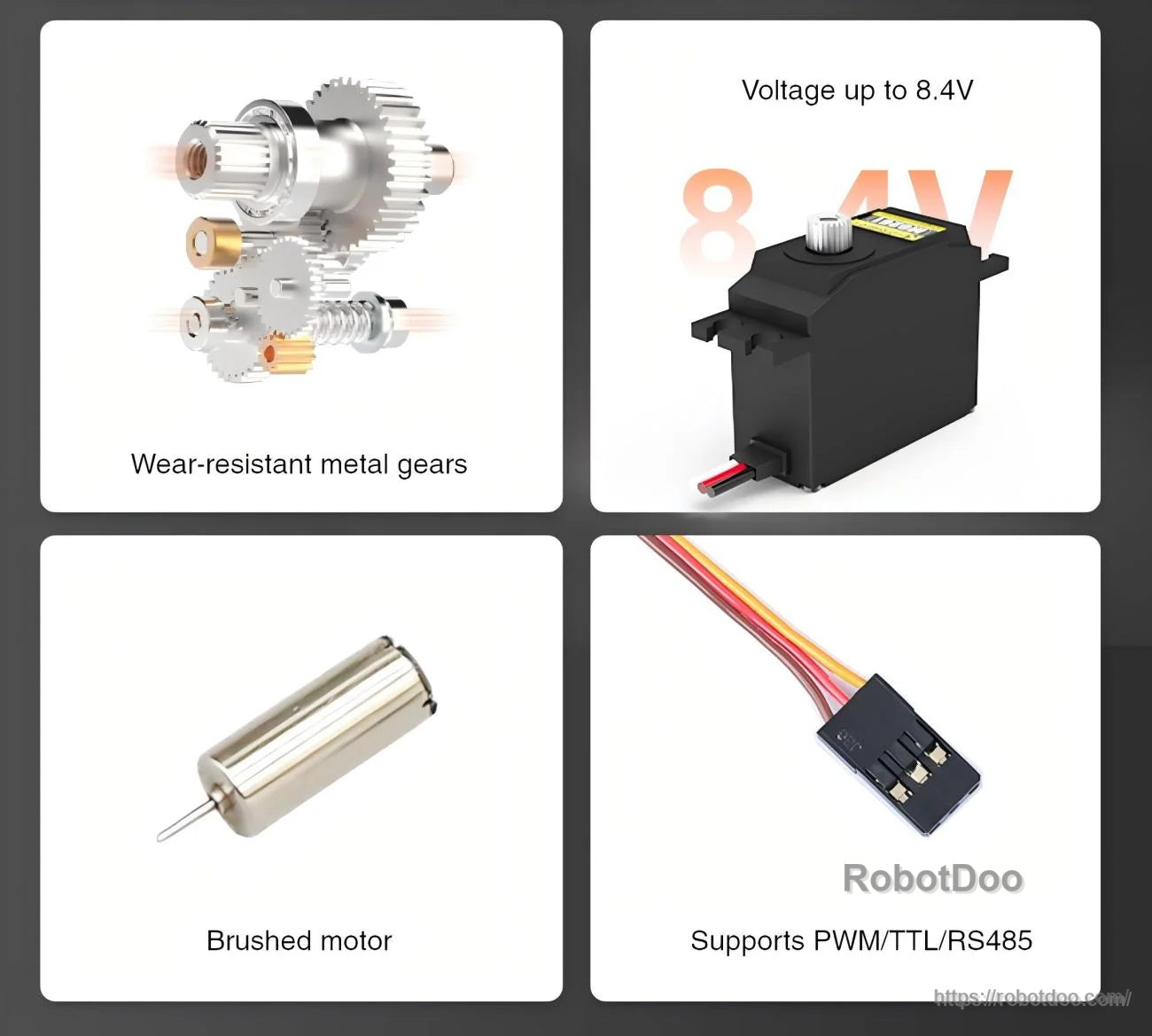 Feature graphic: wear-resistant metal gears, brushed motor, and 3-wire control options text for M0261 servo