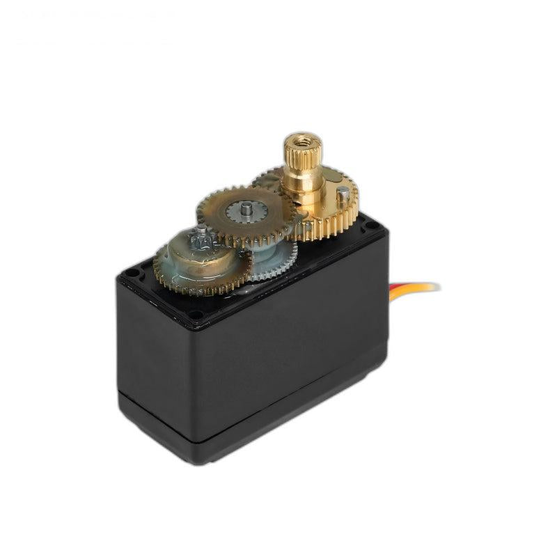 Kpower M0300 servo motor with top cover removed, showing metal gear train and output shaft